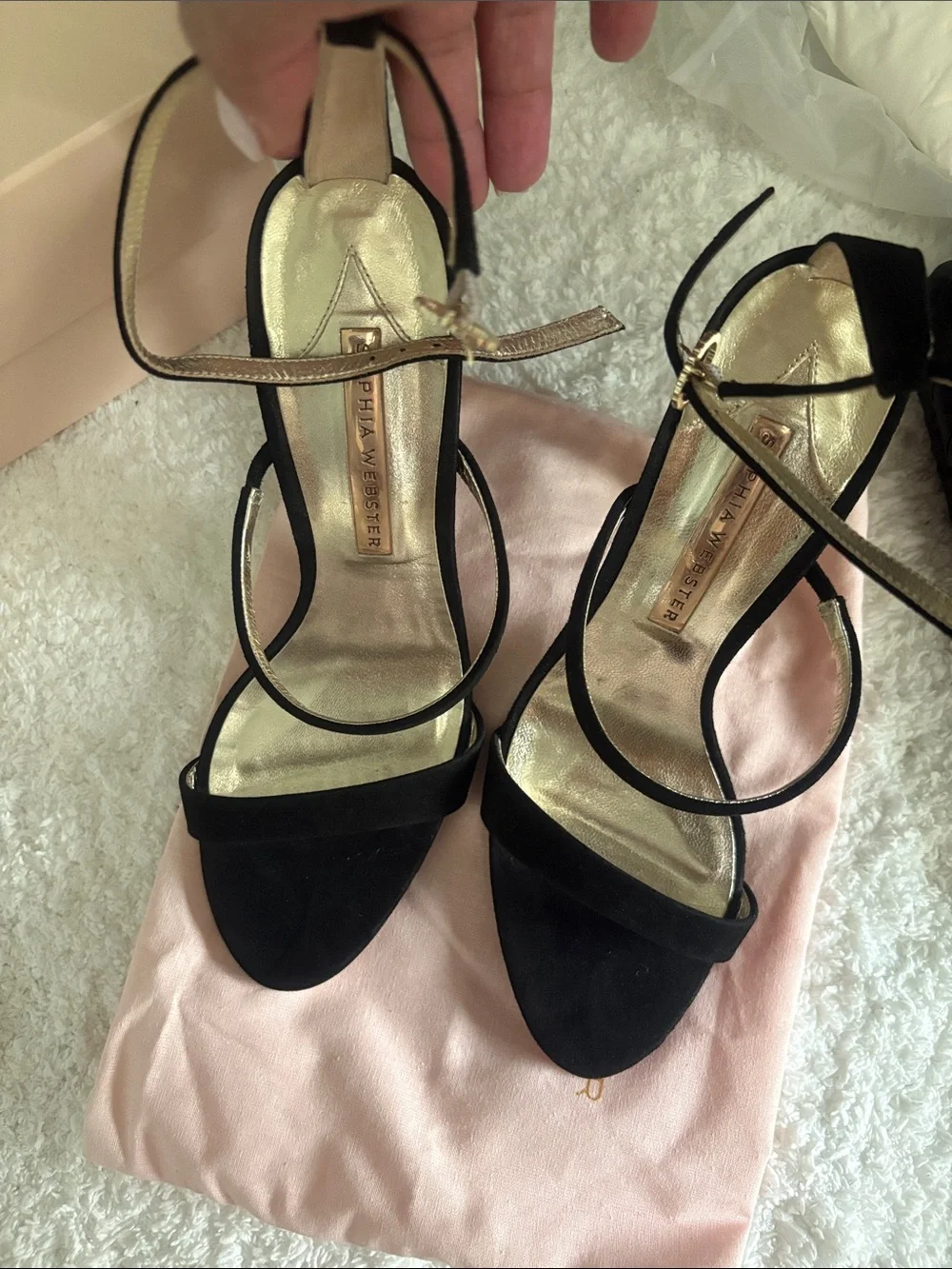 Sophia Webster Black Suede Strappy Heels with Gold Star Heel